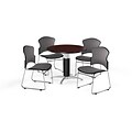 OFM 42 Round Laminate MultiPurpose MeshBase Table w/4 Chairs, Mahogany/Gray Chairs (PKGBRK0470009)