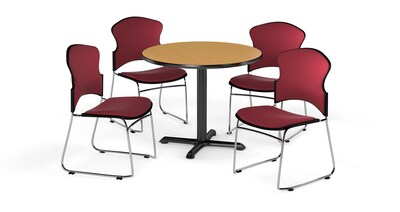 OFM 36 Round Laminate MultiPurpose XSeries Table w/4 Chairs, Oak Table/Wine Chairs (PKGBRK0490014)