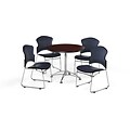 OFM 36 Round Laminate MultiPurpose Table w/Four Chairs, Mahogany Table/Navy Chair (PKGBRK0570014)
