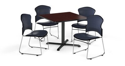 OFM 36 Square Laminate MultiPurpose X-Series Table w/Four Chairs, Mahogany/Navy Chair (845123060698)