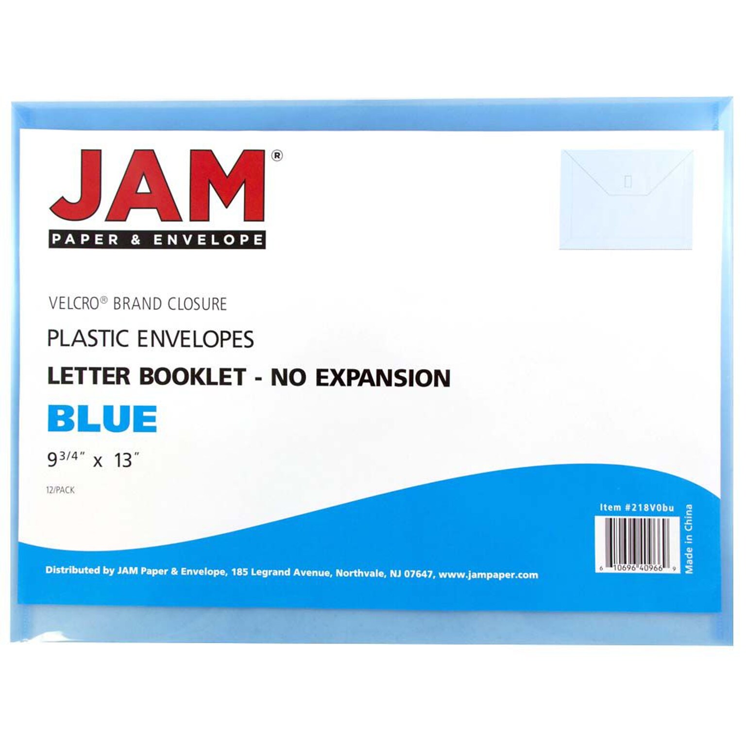 JAM Paper® Plastic Envelopes with Hook & Loop Closure, Letter Booklet, 9.75 x 13, Blue Poly, 12/Pack (218V0BU)