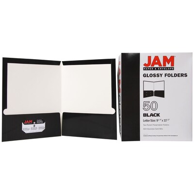 JAM Paper® Laminated Two-Pocket Glossy Presentation Folders, Black, Bulk 25/Pack (385GBLD)