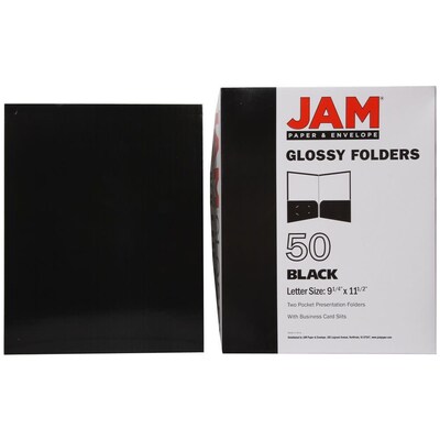 JAM Paper® Laminated Two-Pocket Glossy Presentation Folders, Black, Bulk 25/Pack (385GBLD)