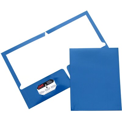 JAM Paper® Laminated Two-Pocket Glossy Presentation Folders, Blue, Bulk 50/Box (385GBUC)