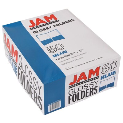 JAM Paper® Laminated Two-Pocket Glossy Presentation Folders, Blue, Bulk 50/Box (385GBUC)