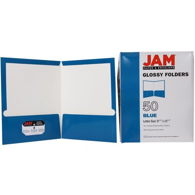 JAM Paper® Laminated Two-Pocket Glossy Presentation Folders, Blue, Bulk 50/Box (385GBUC)