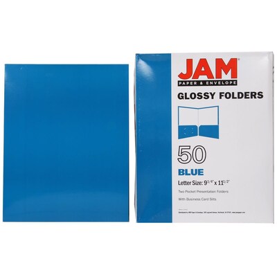 JAM Paper® Laminated Two-Pocket Glossy Presentation Folders, Blue, Bulk 50/Box (385GBUC)