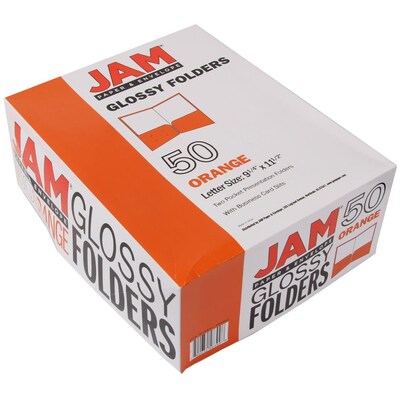 JAM Paper Laminated Two-Pocket Glossy Presentation Folders, Orange, 50/Box (385GORC)