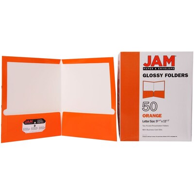 JAM Paper Laminated Two-Pocket Glossy Presentation Folders, Orange, 50/Box (385GORC)