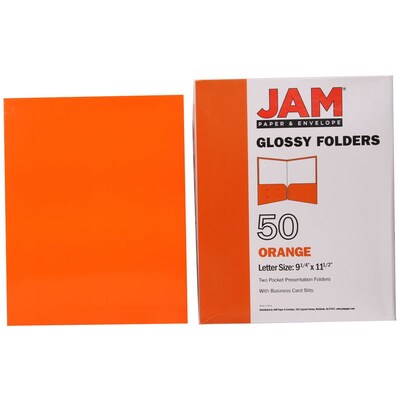 JAM Paper Laminated Two-Pocket Glossy Presentation Folders, Orange, 50/Box (385GORC)