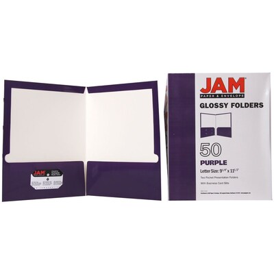 JAM Paper Laminated Two-Pocket Glossy Presentation Folders, Purple, 50/Box (385GPUC)