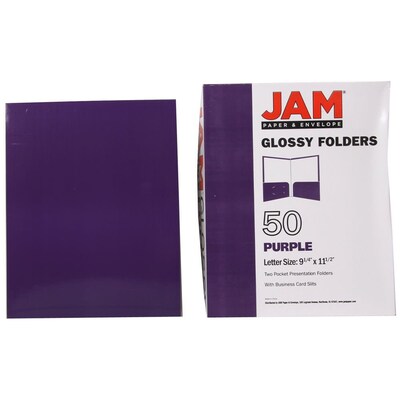 JAM Paper Laminated Two-Pocket Glossy Presentation Folders, Purple, 50/Box (385GPUC)