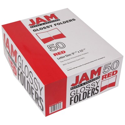 JAM Paper® Laminated Two-Pocket Glossy Presentation Folders, Red, Bulk 50/Box (385GREC)