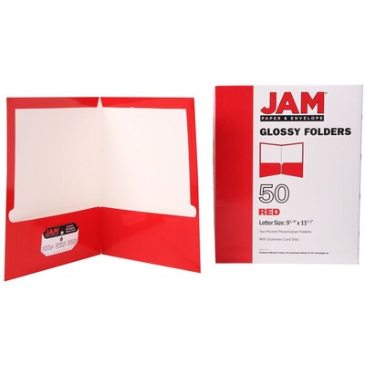 JAM Paper® Laminated Two-Pocket Glossy Presentation Folders, Red, Bulk 50/Box (385GREC)