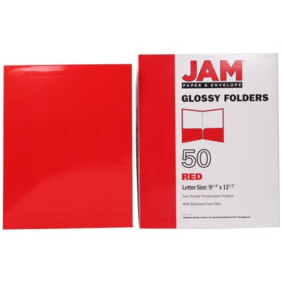 JAM Paper® Laminated Two-Pocket Glossy Presentation Folders, Red, 25/Pack (385GRED)