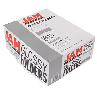 JAM Paper® Laminated Two-Pocket Glossy Presentation Folders, Silver, Bulk 50/Box (385GSIC)