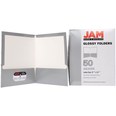 JAM Paper® Laminated Two-Pocket Glossy Presentation Folders, Silver, Bulk 50/Box (385GSIC)