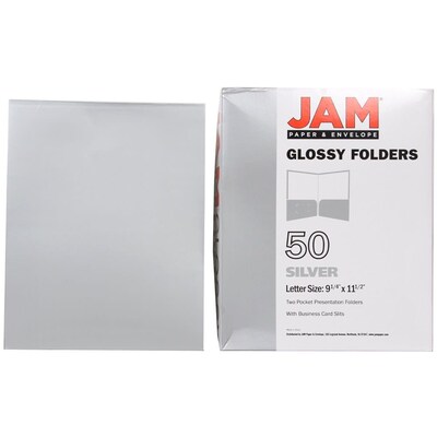 JAM Paper® Laminated Two-Pocket Glossy Presentation Folders, Silver, Bulk 50/Box (385GSIC)