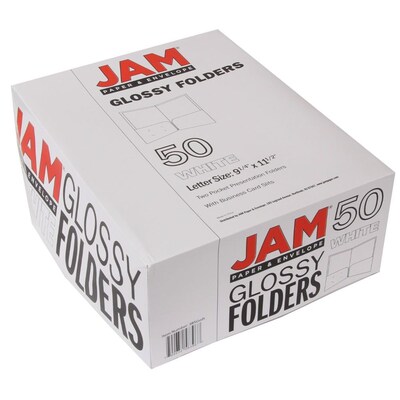 JAM Paper® Laminated Two-Pocket Glossy Presentation Folders, White, 25/Pack (385GWHD)