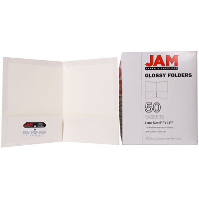 JAM Paper® Laminated Two-Pocket Glossy Presentation Folders, White, 25/Pack (385GWHD)
