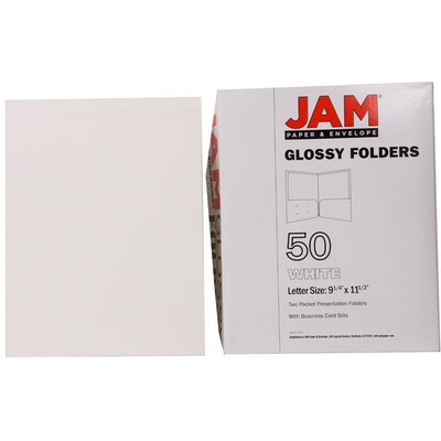 JAM Paper® Laminated Two-Pocket Glossy Presentation Folders, White, 25/Pack (385GWHD)