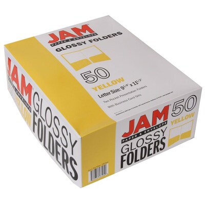 JAM Paper® Laminated Two-Pocket Glossy Presentation Folders, Yellow, Bulk 50/Box (385GYEC)