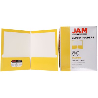 JAM Paper® Laminated Two-Pocket Glossy Presentation Folders, Yellow, Bulk 50/Box (385GYEC)