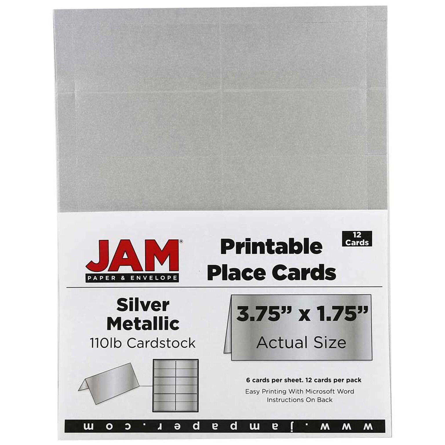 JAM Paper® Printable Place Cards, 1.75 x 3.75, Stardream Metallic Silver Placecards, 12/pack (225928570)