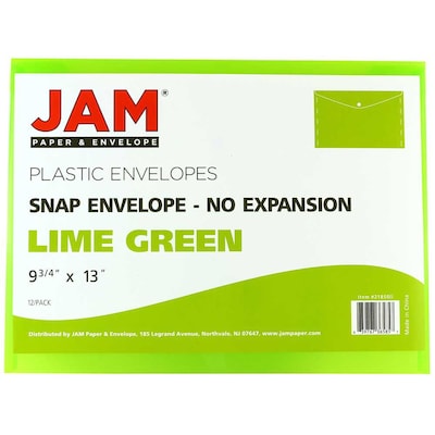 JAM Paper® Plastic Envelopes with Snap Closure, Letter Booklet, 9.75 x 13, Lime Green, 12/Pack (218S0LI)