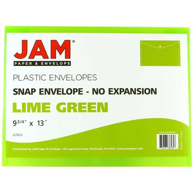 JAM Paper® Plastic Envelopes with Snap Closure, Letter Booklet, 9.75 x 13, Lime Green, 12/Pack (218S0LI)