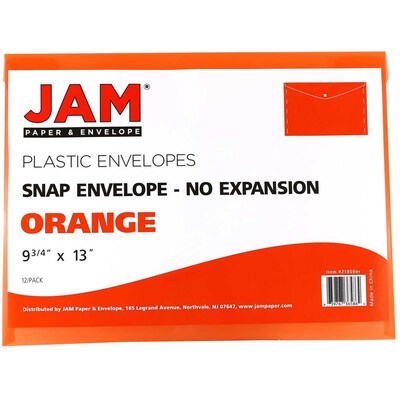 JAM Paper® Plastic Envelopes with Snap Closure, Letter Booklet, 9.75 x 13, Orange Poly, 12/pack (218S0OR)