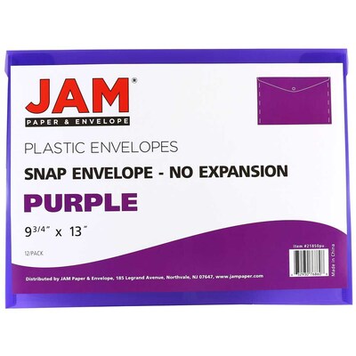 JAM Paper® Plastic Envelopes with Snap Closure, Letter Booklet, 9.75 x 13, Purple Poly, 12/pack (218S0PU)