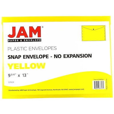 JAM Paper® Plastic Envelopes with Snap Closure, Letter Booklet, 9.75 x 13, Yellow, 12/Pack (218S0YE)