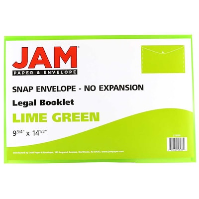 JAM Paper® Plastic Envelopes with Snap Closure, Legal Booklet, 9.75 x 14.5, Lime Green, 12/Pack (219S0LI)