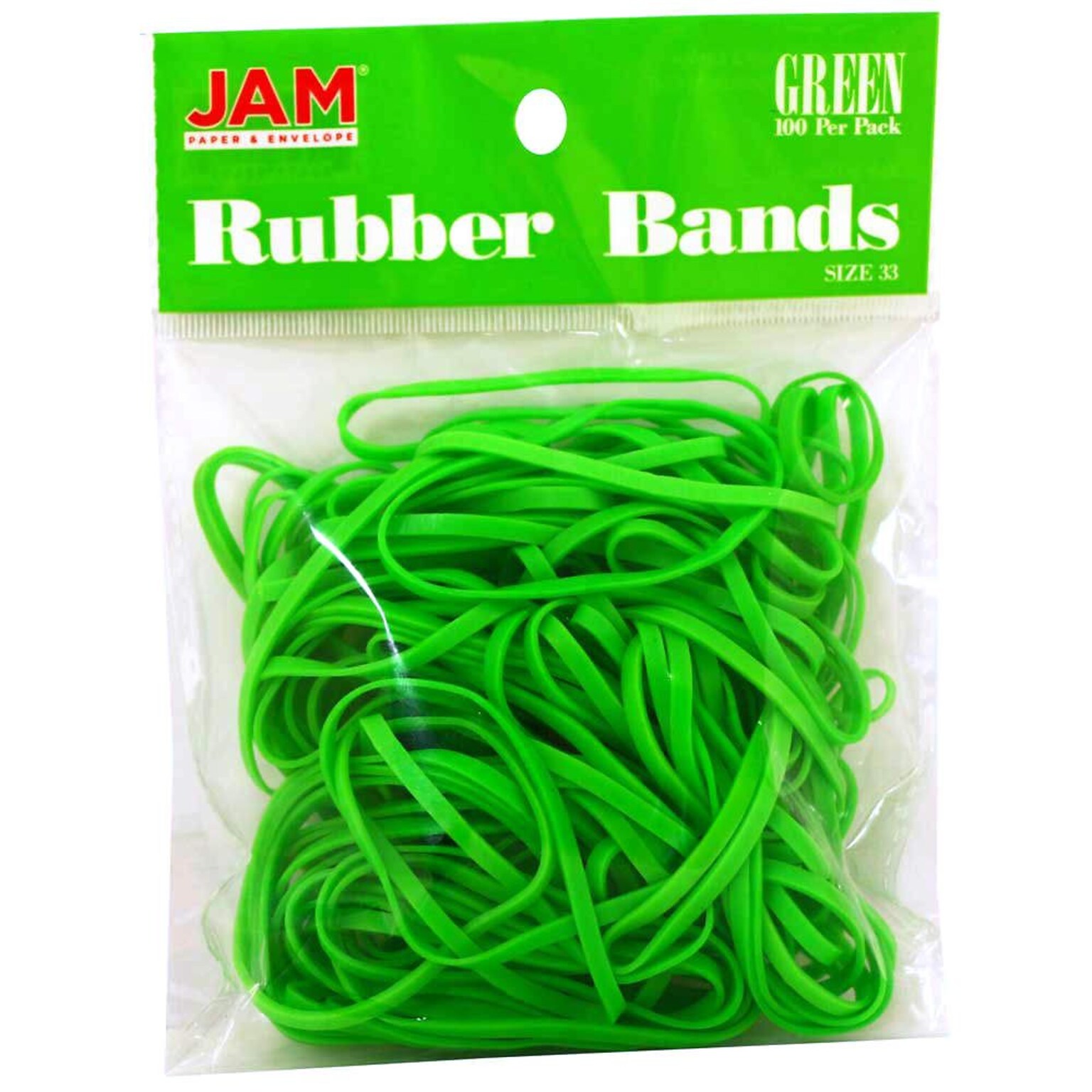 JAM Paper Multi-Purpose #33 Rubber Bands, 3.5 x 0.125, Latex Free, Green, 100/Pack (333RBGR)