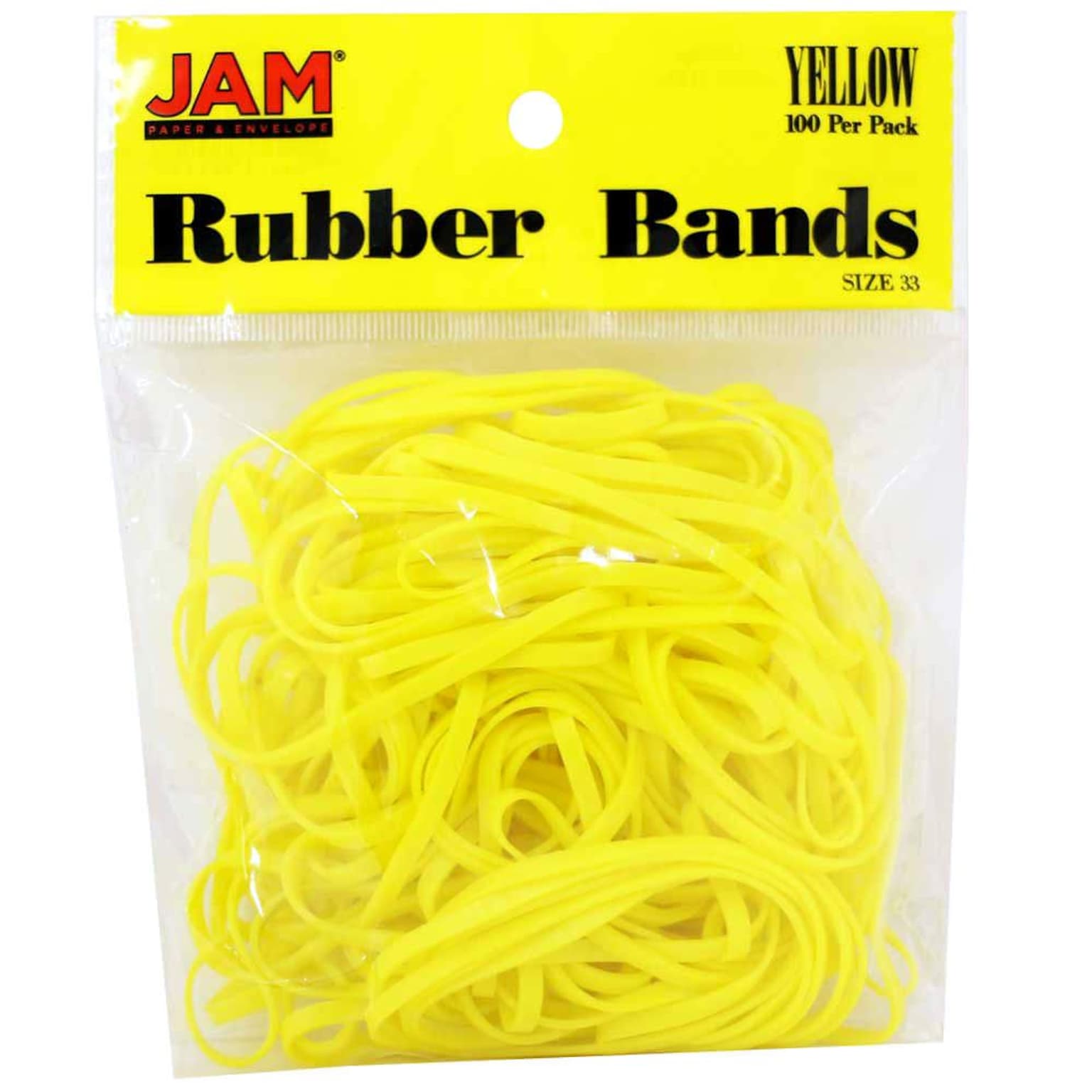 JAM Paper Multi-Purpose #33 Rubber Bands, 3.5 x 0.125, Non-Latex, Yellow, 100/Pack (333RBYE)