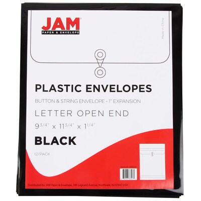 JAM Paper® Plastic Envelopes with Button and String Tie Closure, Letter Open End, 9.75 x 11.75, Black Poly, 12/pack (118B1BL)