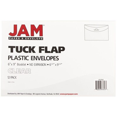 JAM Paper® Plastic Envelopes with Tuck Flap Closure, Booklet, 6 x 9, Clear, 12/Pack (1541748)