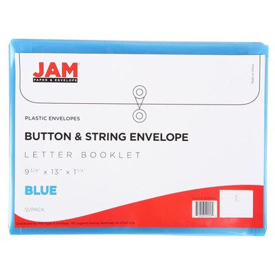 JAM Paper® Plastic Envelopes with Button and String Tie Closure, Letter Booklet, 9.75 x 13, Blue, 12/Pack (218B1BU)