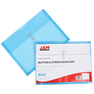 JAM Paper® Plastic Envelopes with Button and String Tie Closure, Letter Booklet, 9.75 x 13, Blue, 12/Pack (218B1BU)