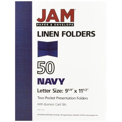 JAM Paper® Two-Pocket Textured Linen Business Folders, Navy Blue, Bulk 50/Box (386LNAC)