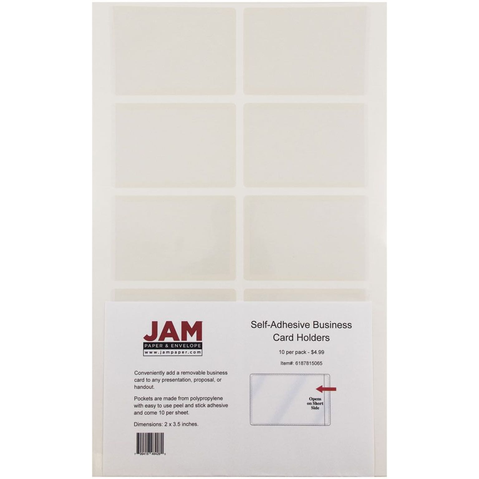 JAM Paper® Self-Adhesive Business Card Holders, 2 x 3 1/2, Clear, 50 Label Pockets/Pack (6187815065C)
