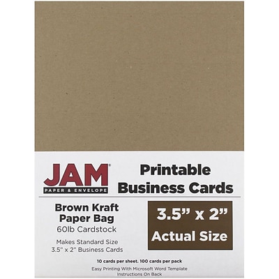 JAM Paper® Printable Business Cards, 3 1/2 x 2, Brown Kraft Paper Bag Recycled, 100/Pack (22128339)