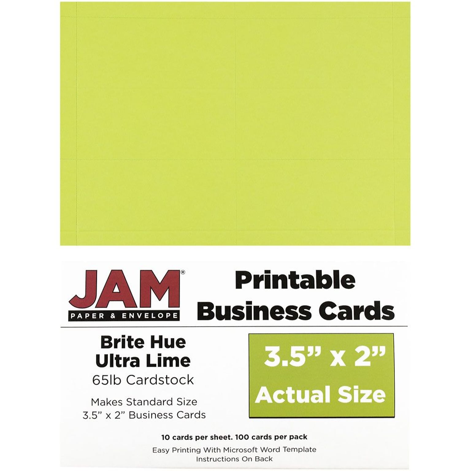 JAM Paper® Printable Business Cards, 3 1/2 x 2, Ultra Lime Green, 100/Pack (22128340)