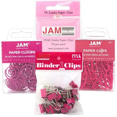 JAM Paper® Colored Office Clip Assortment Pack, Pink, 1 Binder Clips 1 Paperclips 1 Circular Cloops, 4/set (26411PIARSTD)