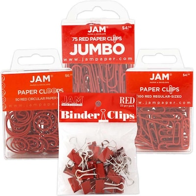 JAM Paper® Colored Office Clip Assortment Pack, Red, 1 Binder Clips 1 Paperclips 1 Circular Cloops,