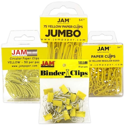 JAM Paper® Colored Office Clip Assortment Pack, Yellow, 1 Binder Clips 1 Paperclips 1 Circular Cloops, 4/set (26411YEASRTD)
