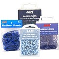 JAM Paper® Office Supply Assortment, Blue, 1 Rubber Bands, 1 Push Pins, 1 Paper Clips & 1 Round Paper Cloops (3224BUOASRT)