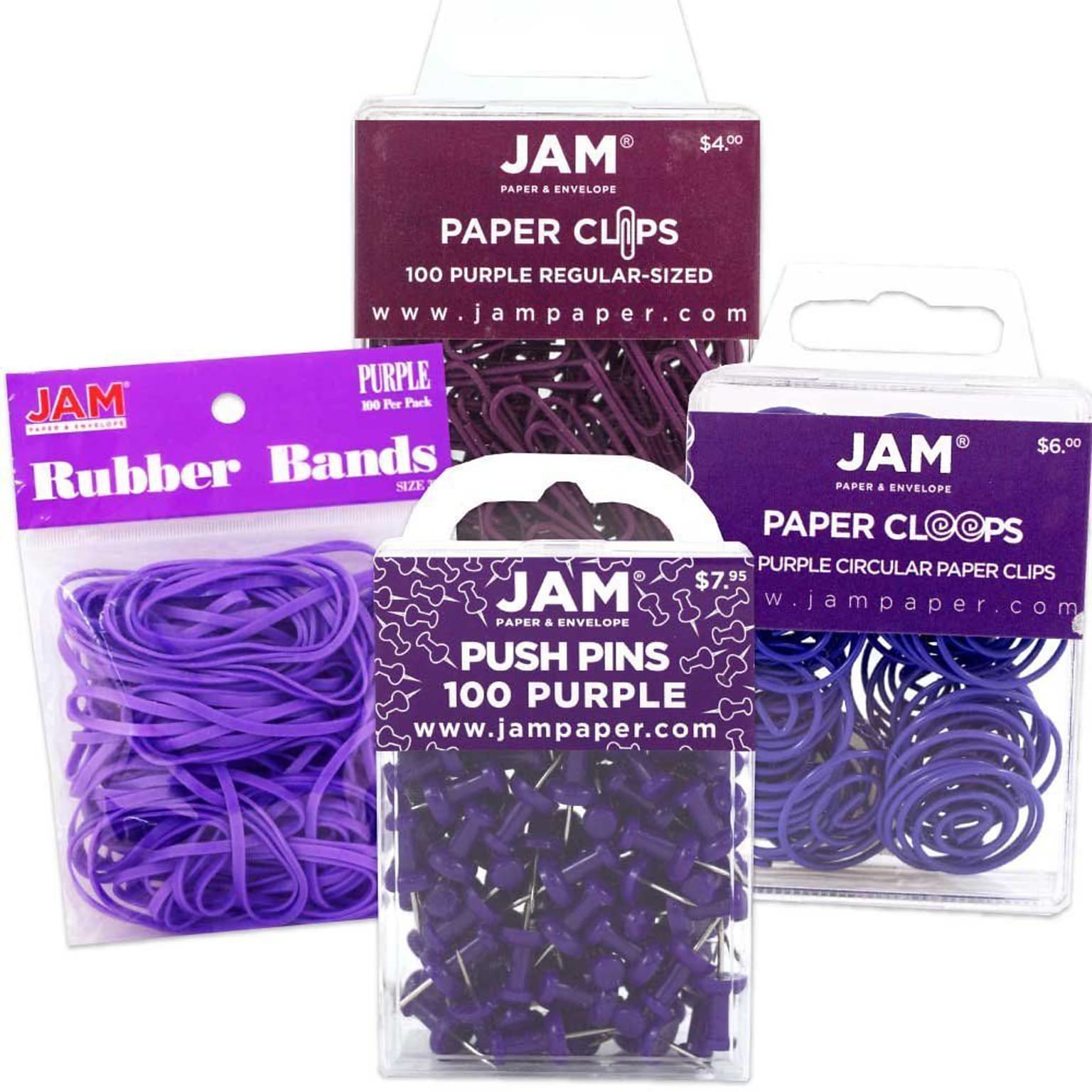 JAM Paper® Office Supply Assortment, Purple, 1 Rubber Bands, 1 Push Pins, 1 Paper Clips & 1 Round Paper Cloops (3224PUOASRT)