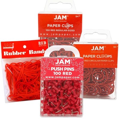 JAM Paper® Office Supply Assortment, Red, 1 Rubber Bands, 1 Push Pins, 1 Paper Clips & 1 Round Paper Cloops (3224REOASRT)
